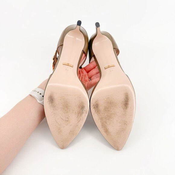 Gucci Sylvie Chain d'Orsay Pumps EU 40 US 10 Tan Leather High Heel Taupe Pointed - Picture 10 of 14